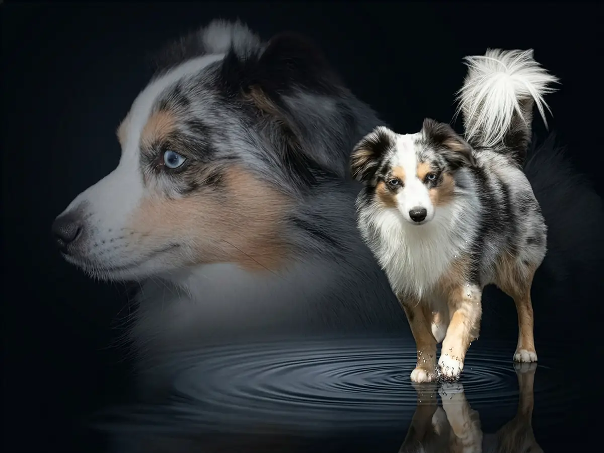Hund läuft durch Wasser und spiegelt sich, im Hintergrund sein Porträt