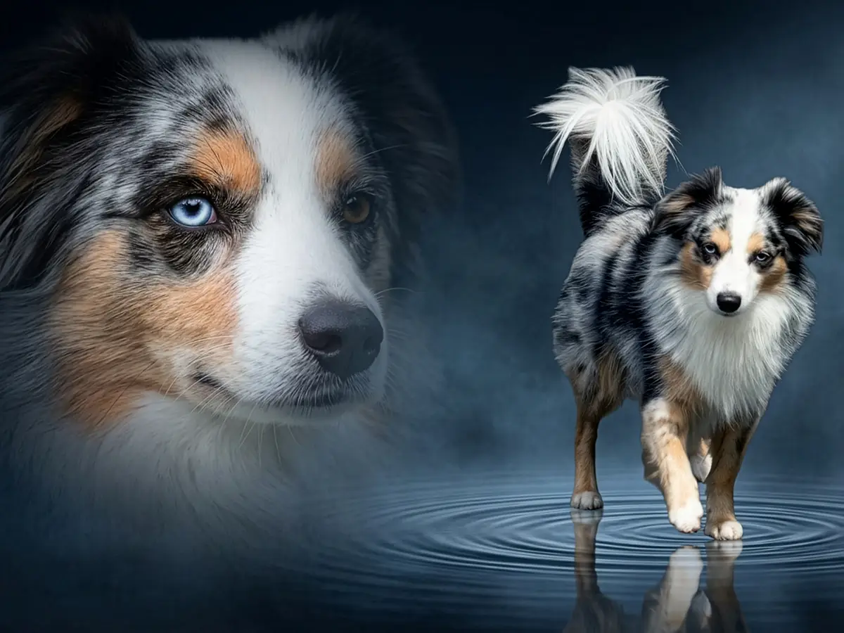 Hund läuft durch Wasser und spiegelt sich, im Hintergrund sein Porträt