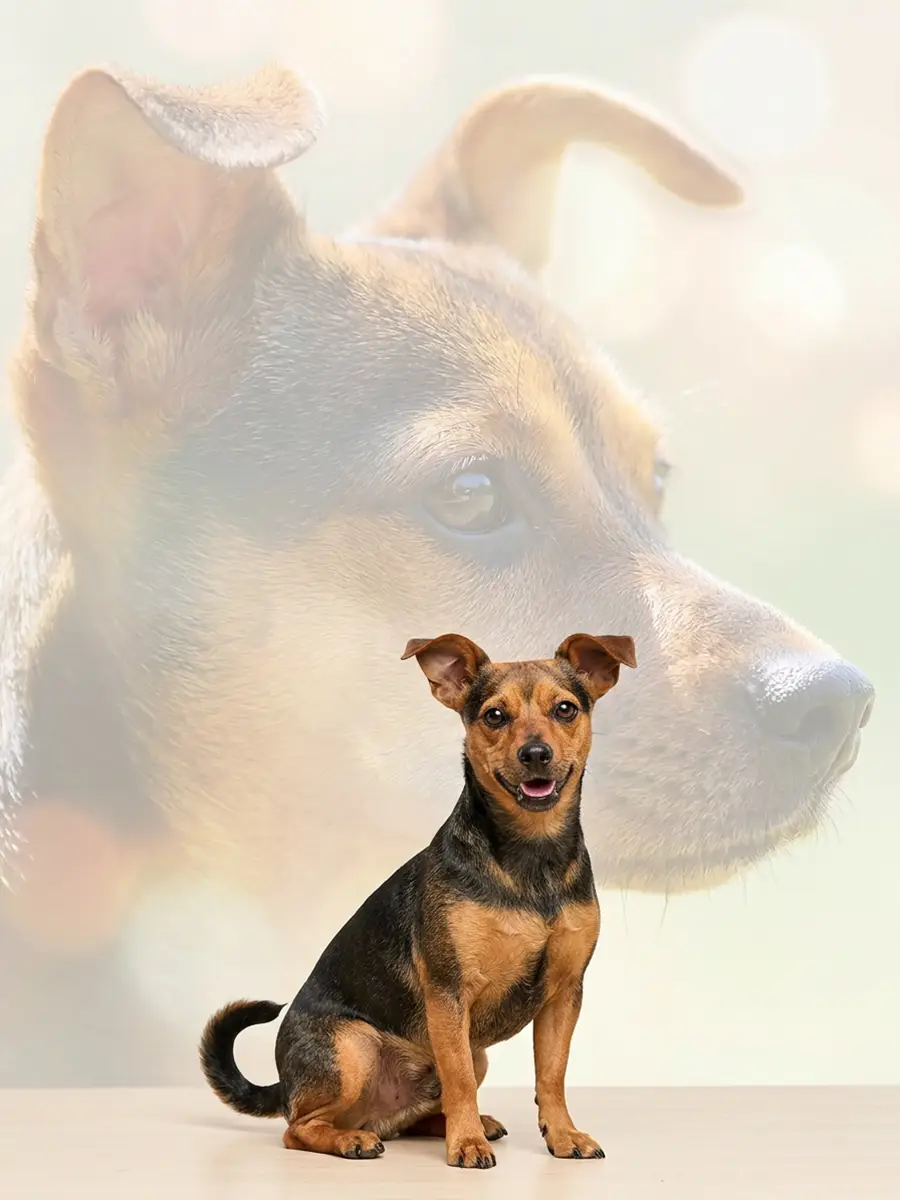 Hund sitzt im Studio, im Hintergrund sein Porträt an der Wand