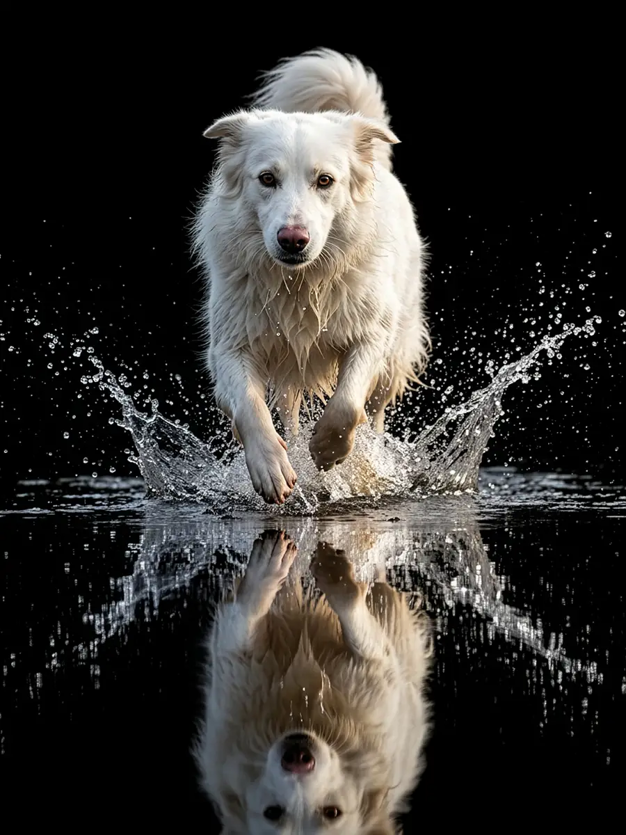 Hund rennt durch Wasser, Spritzer zur Seite, schwarzer Hintergrund