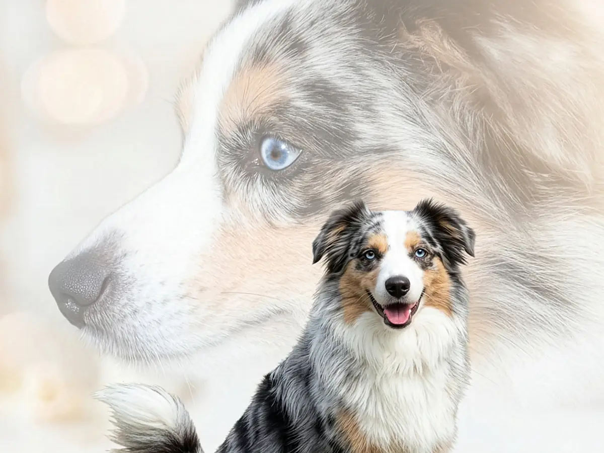 Hund sitzt im Studio vor seinem gerahmten Porträt