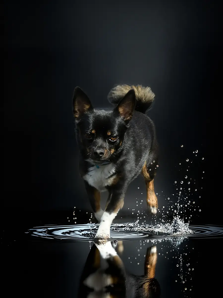 Hund läuft durch Wasser und spiegelt sich darin