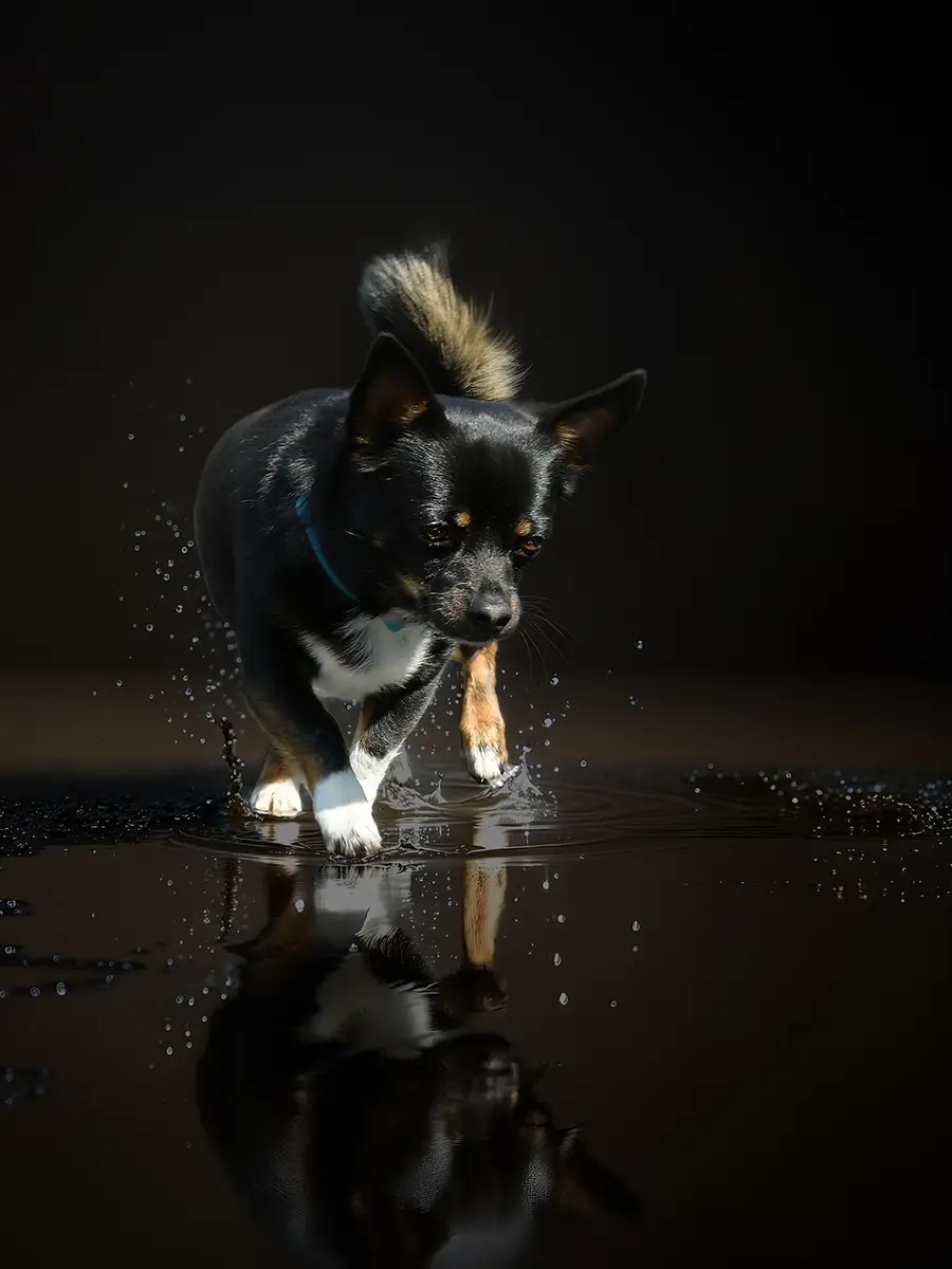 Hund läuft durch flaches Wasser, Spiegelung auf der Oberfläche