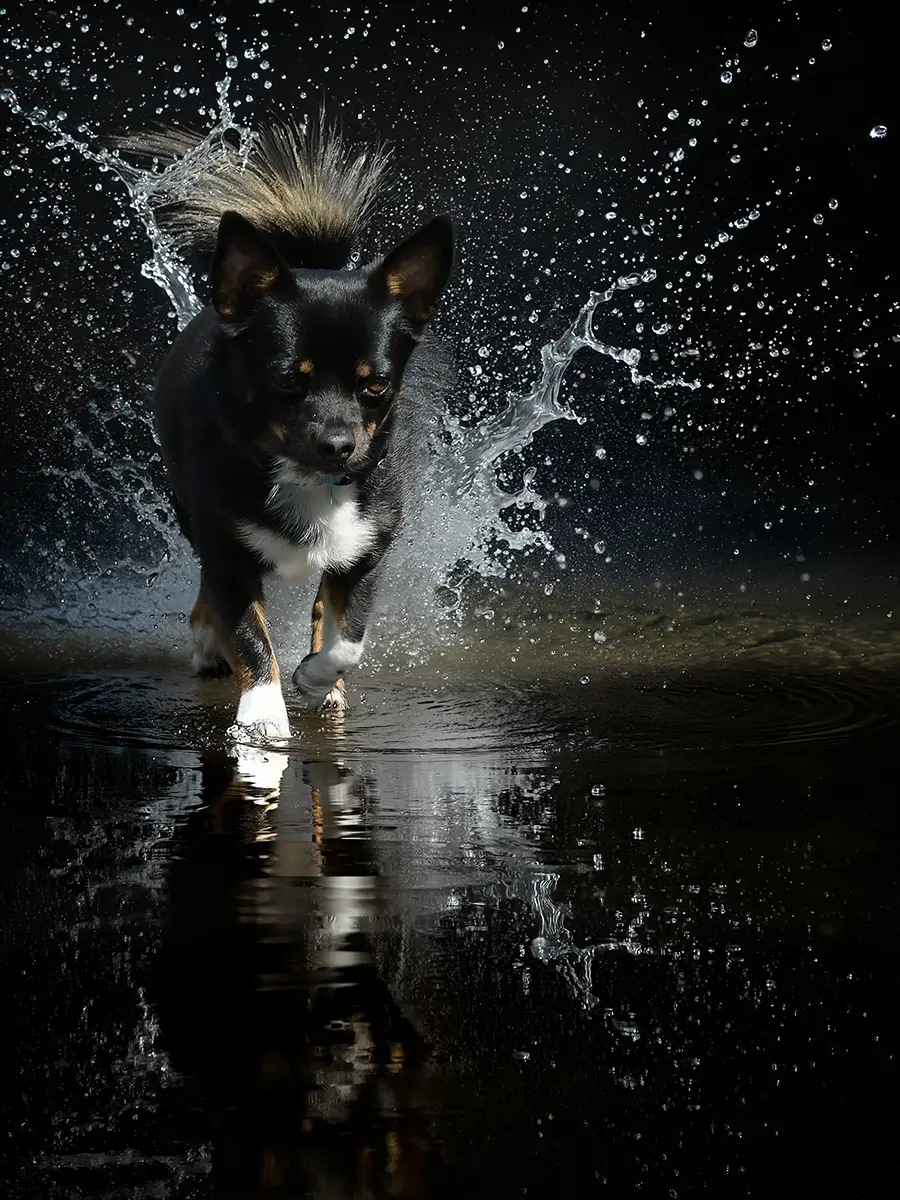 Hund in Bewegung durch Wasser, mit Spiegelung
