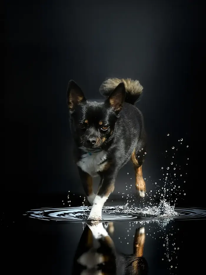 Hund läuft durch Wasser und spiegelt sich darin